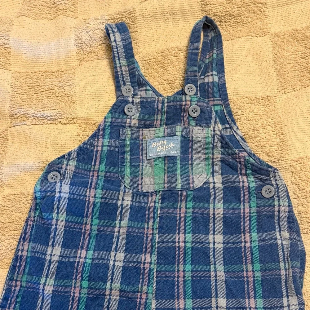 Vintage Baby B'gosh Plaid Overalls 18M Blue Green Cotton Romper USA